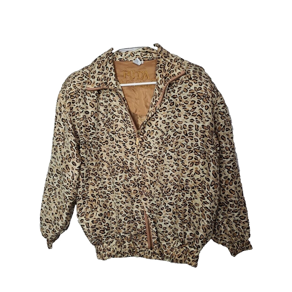 VTG Fuda International Tan Leopard Print 100% Silk Full Zip Jacket Womans Size S